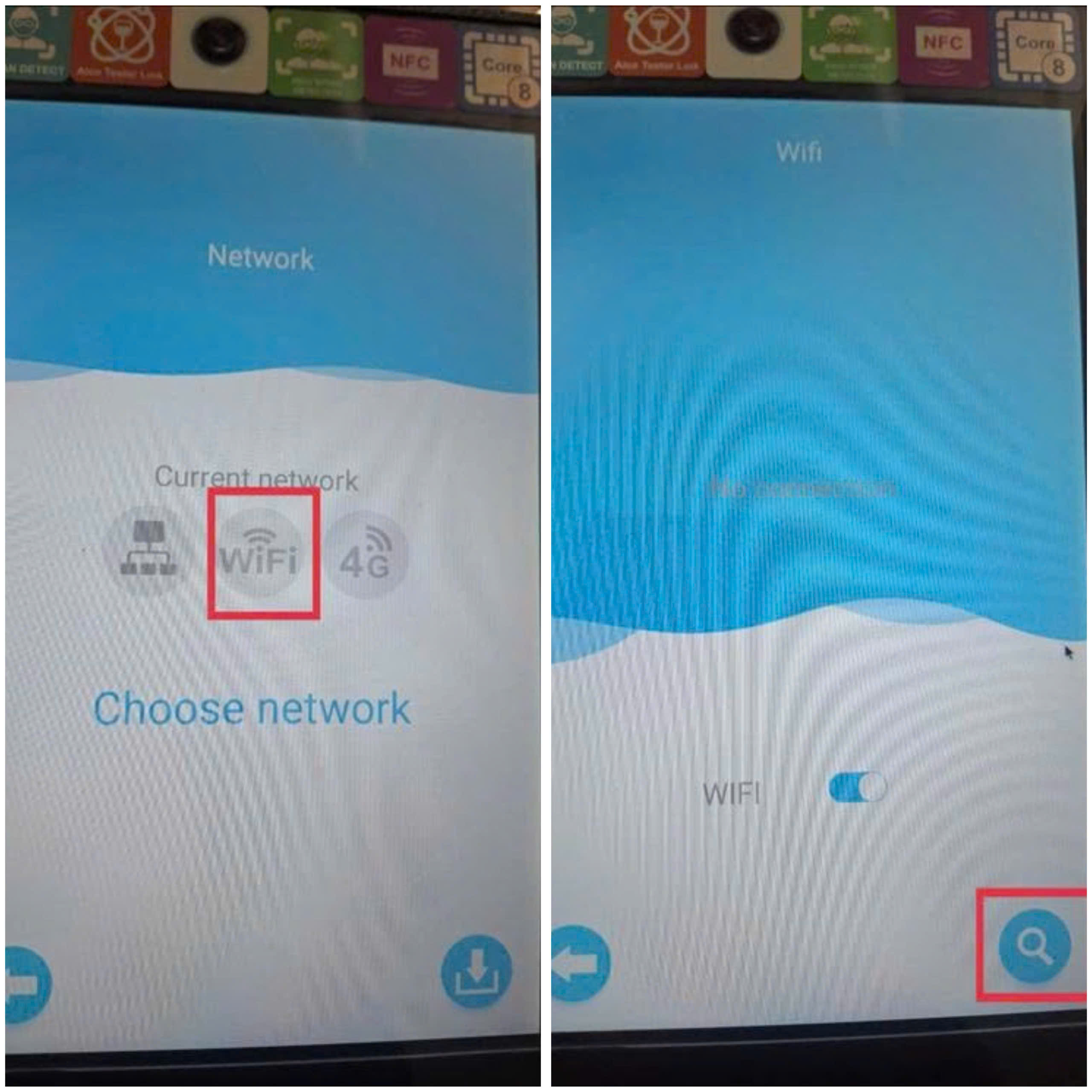Nhấn chọn biểu tượng Wifi và Chọn biểu tượng kính lúp, tìm và chọn wifi của bạn 
